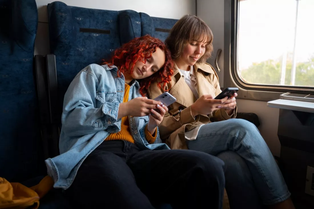 Friends travelling together by train