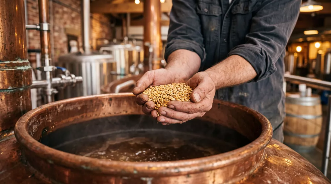 A brewer checks the malted grain in a copper mash tun.