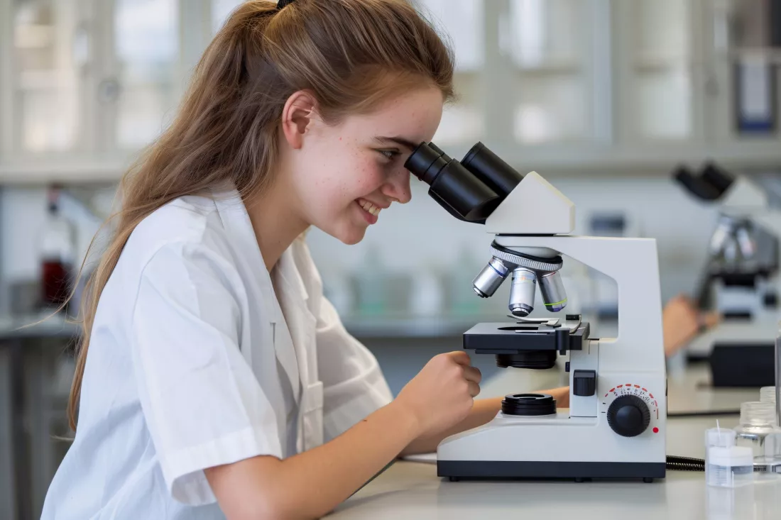 A female student looks through a microscope in a biology research laboratory
